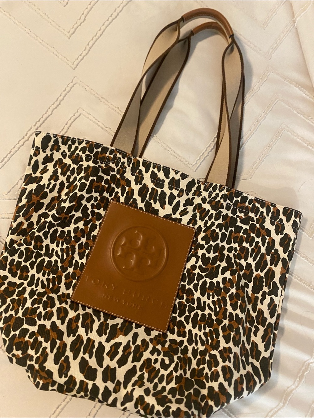 Tory Burch Leopard Canvas Tote with Tan Leather Logo Patch- Never used